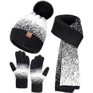 Women's Black White Winter Beanie Hat Scarf Gloves Set Pom Warm Christmas Gift